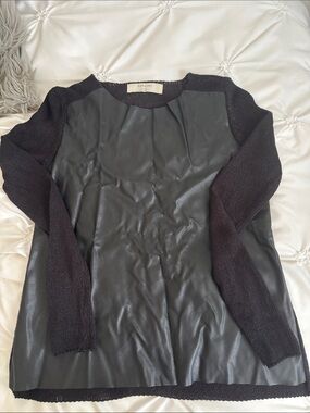 ZARA - Black Faux Leather Front Crewneck Sweater